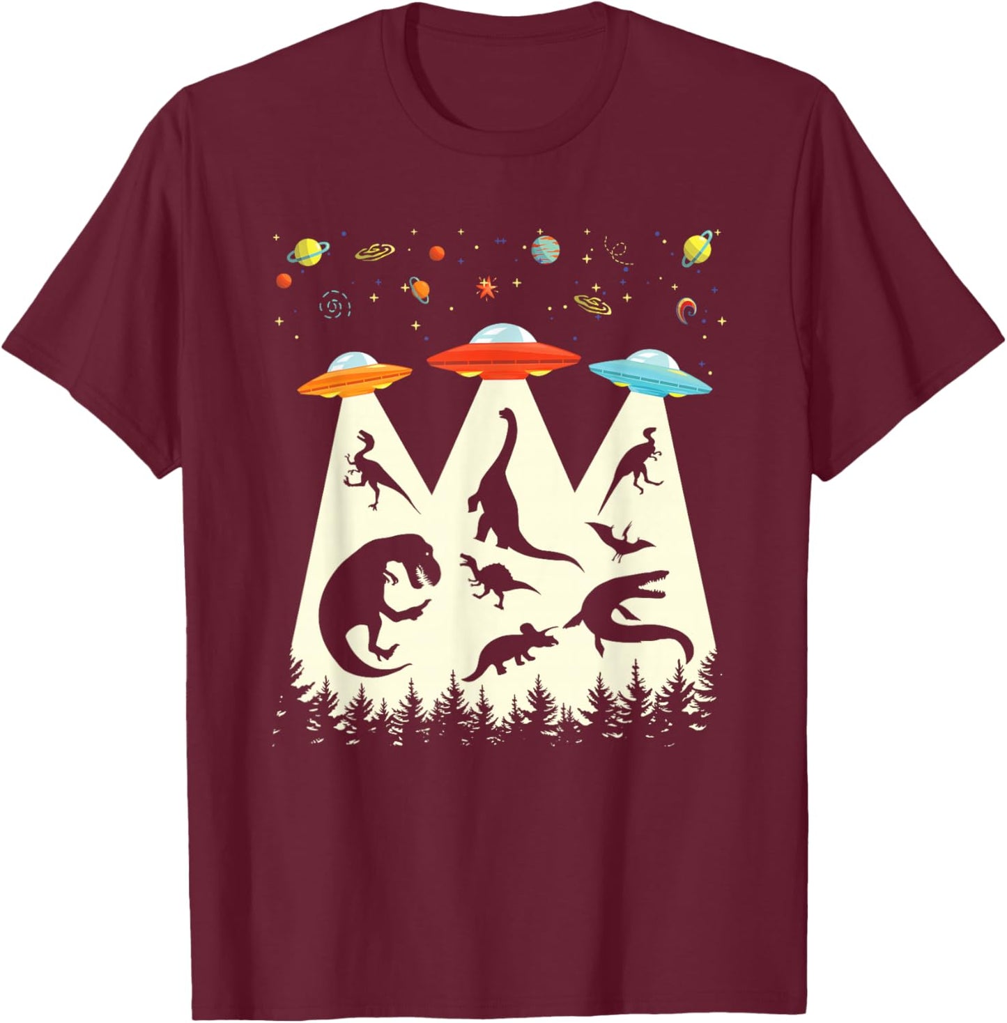 Funny Dinosaur UFO Lover Retro Vintage Alien Abduction T-Shirt - T-Shirt | Maroon