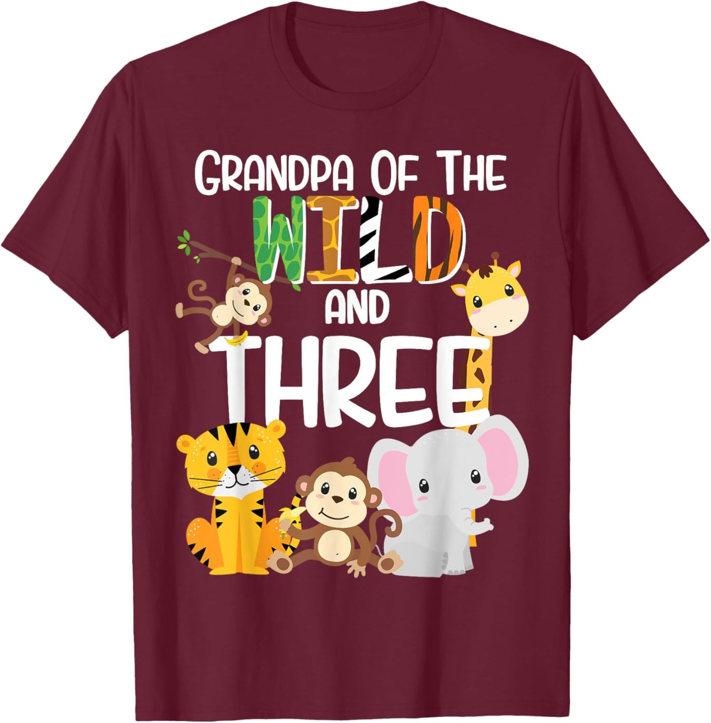 Grandpa of the Wild and 3 Zoo Theme Birthday Safari Jungle T-Shirt - T-Shirt | Maroon