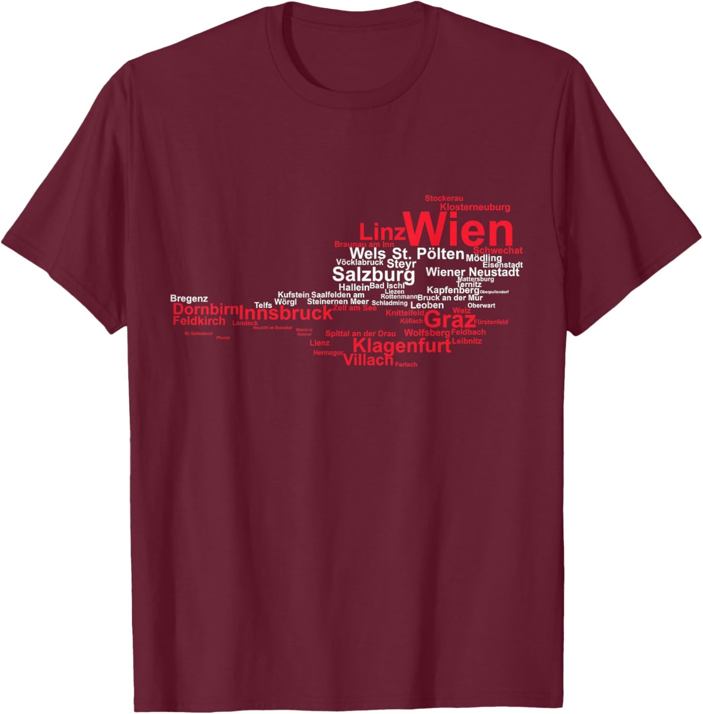 Austria Map Flag Silhouette Cities Holiday Travel Vienna T-Shirt - T-Shirt | Maroon
