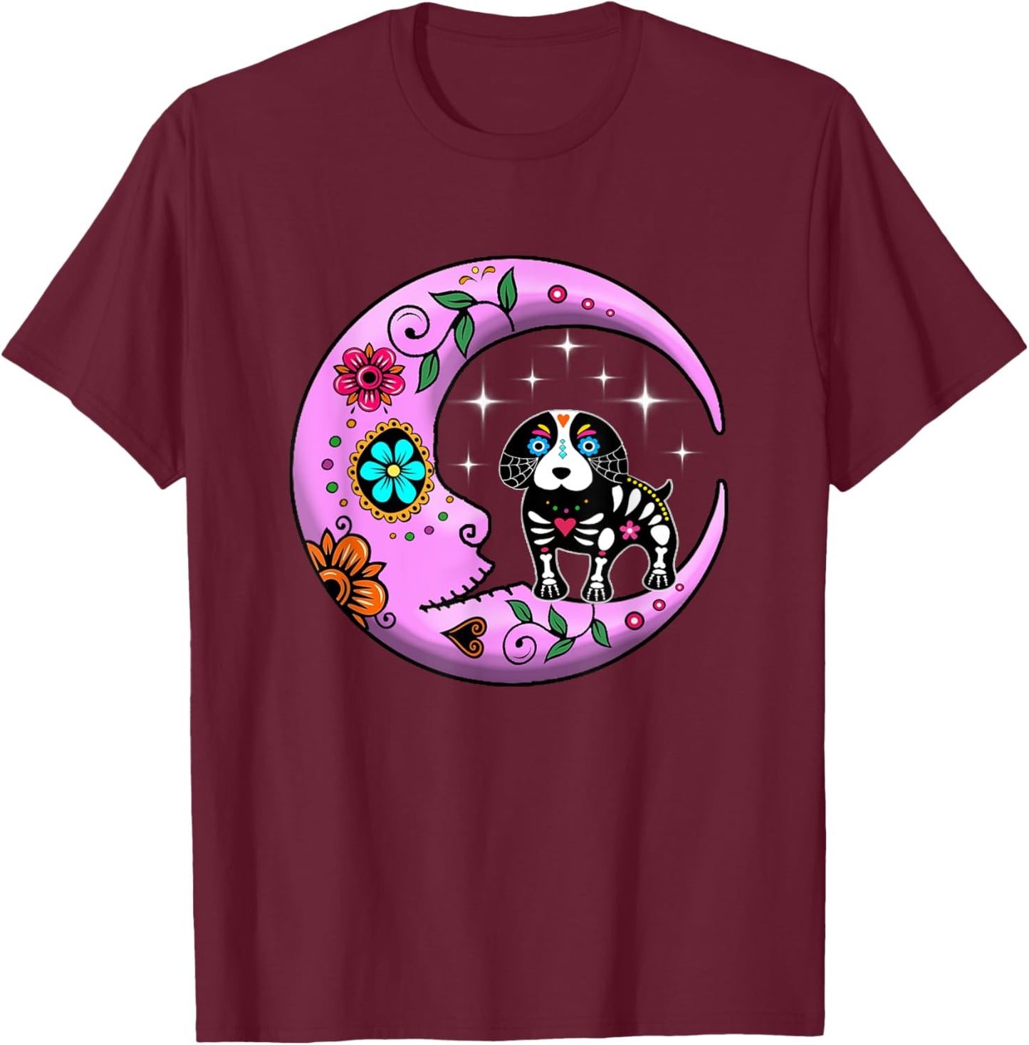 Dog & Moon Sugar Skull Dia de Los Muertos Funny Day Of Dead T-Shirt - T-Shirt | Maroon