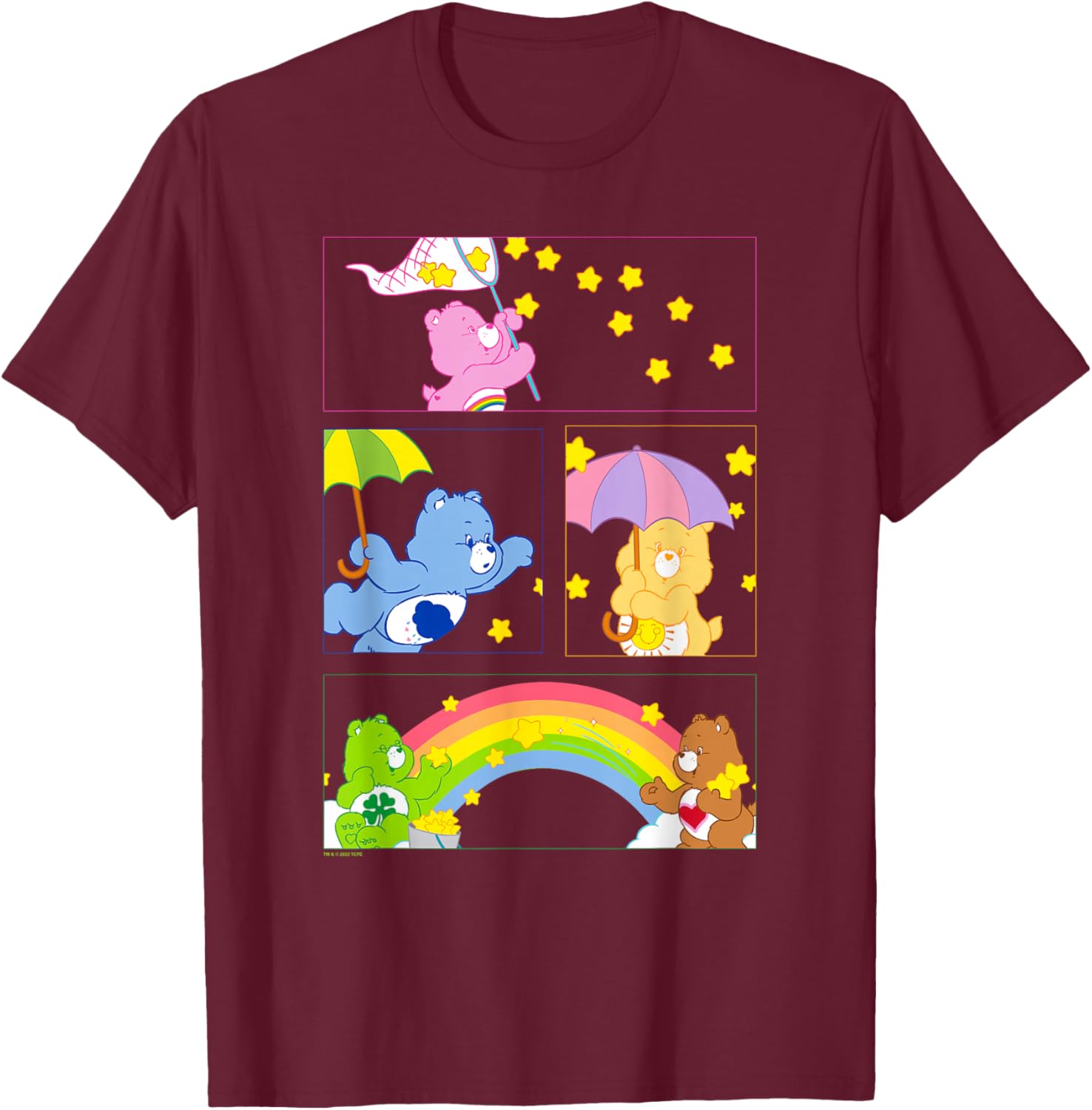 Care Bears Vintage Catching Stars Rainbow Group Panels T-Shirt - T-Shirt | Maroon