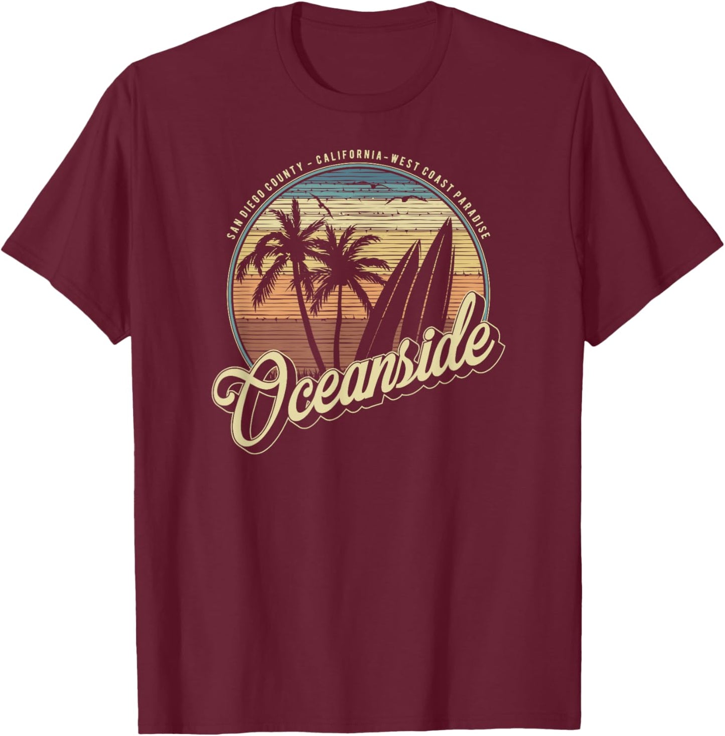 Vintage Oceanside San Diego County California Surf Style T-Shirt - T-Shirt | Maroon