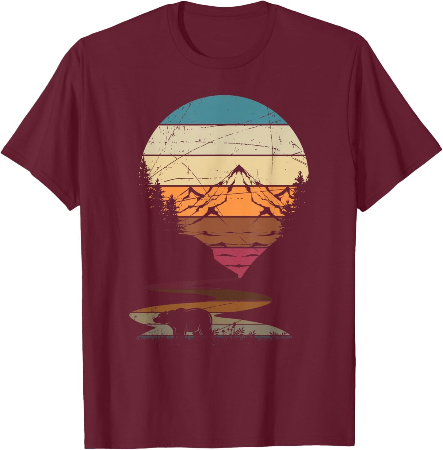 Retro Outdoor Nature Trees Bear Mountains Forest Hiking T-Shirt - T-Shirt | Maroon