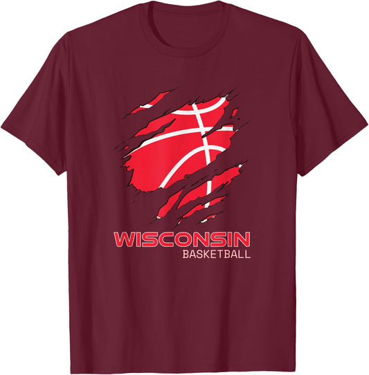 Distressed Basketball The Badger State Home Wisconsin Hoops T-Shirt - T-Shirt | Maroon