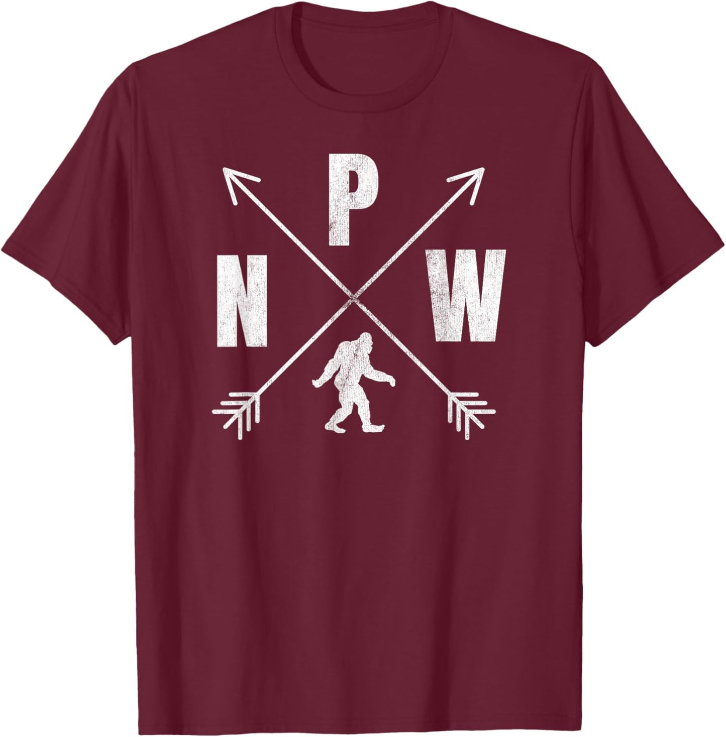 Bigfoot Sasquatch PNW Logo Compass Crossed Arrows Distressed T-Shirt - T-Shirt | Maroon
