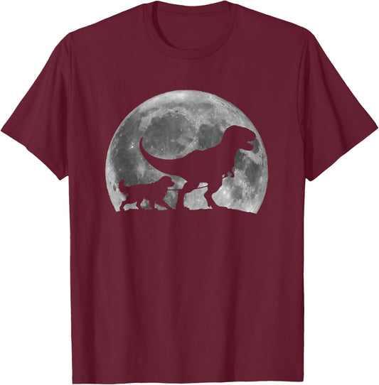 T Rex Walking a Dog Funny Golden Retriever Moon Halloween T-Shirt - T-Shirt | Maroon