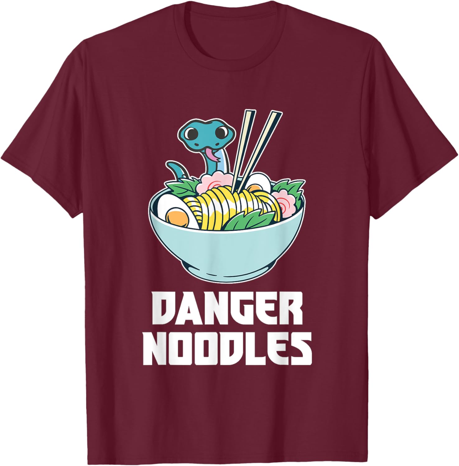 Danger Noodles, Snake Kawaii Anime Funny Ramen Soup Snakes T-Shirt - T-Shirt | Maroon
