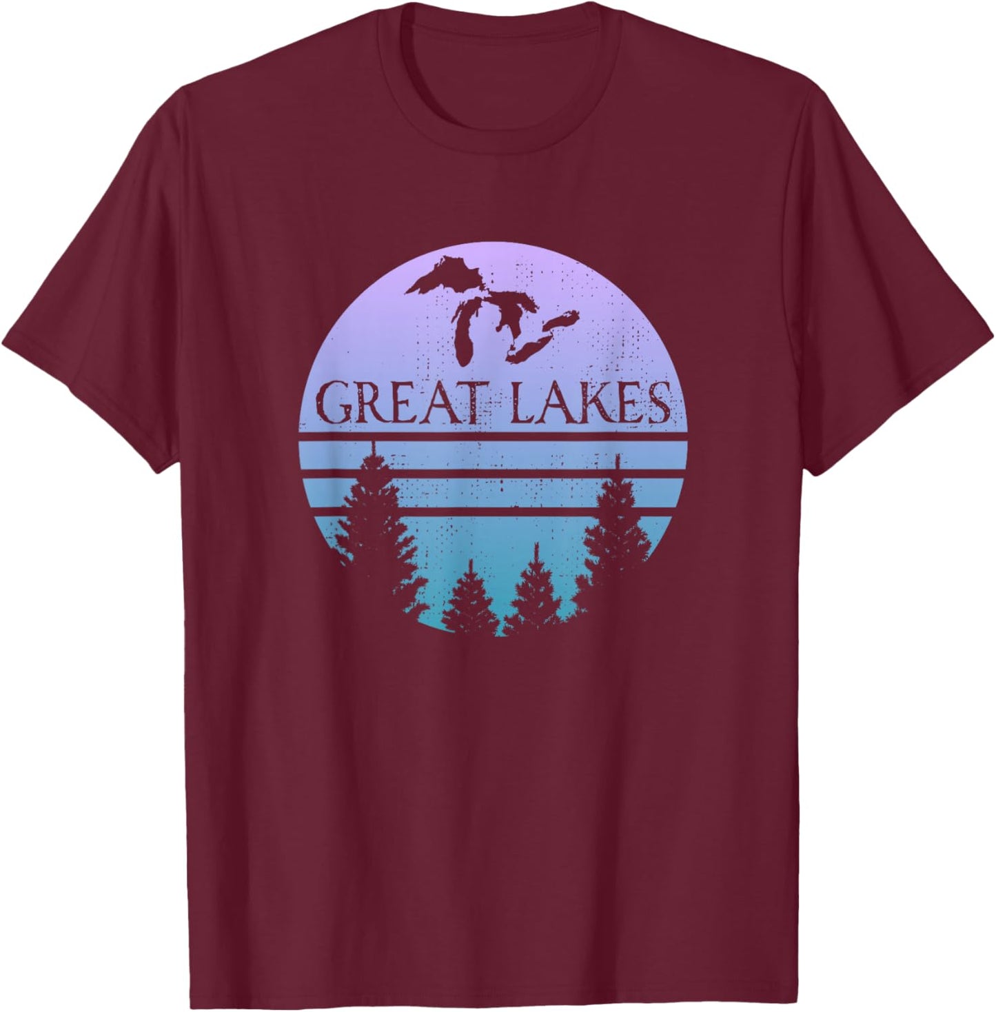 Great Lakes of Michigan Lakes Silhouette Trees T-Shirt - T-Shirt | Maroon