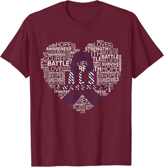 ALS awareness words cloud heart support proud ALS warrior T-Shirt - T-Shirt | Maroon