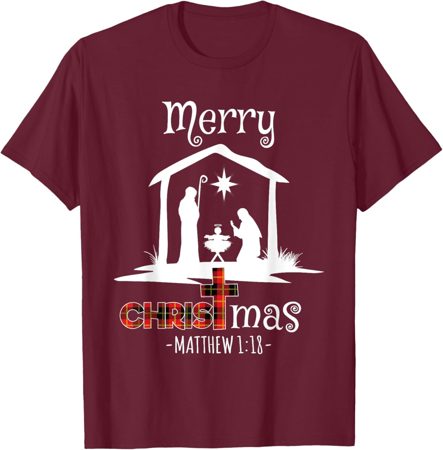 Merry Christmas Cute Buffalo Plaid Christians T-Shirt - T-Shirt | Maroon