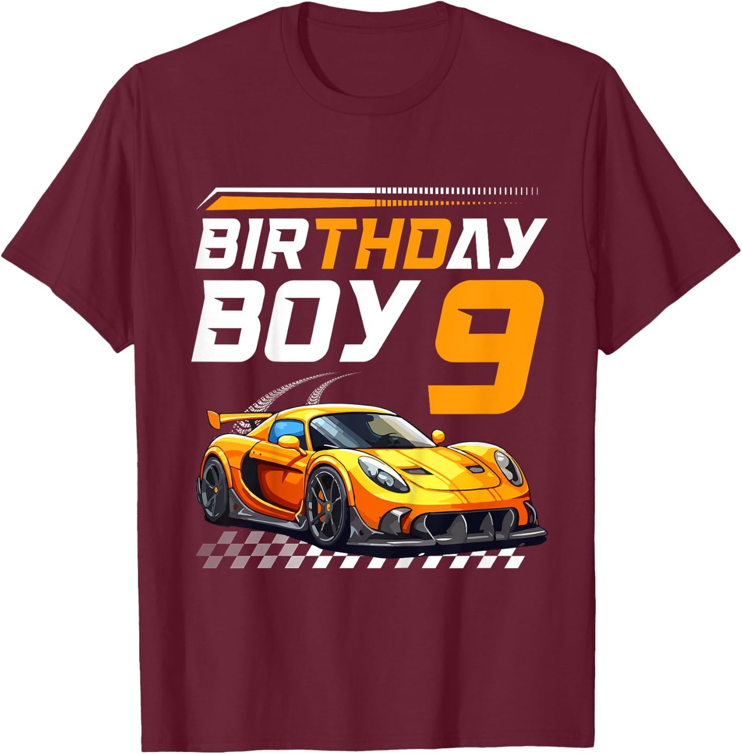 Kids Birthday Boy 9 years Race Car 9th Birthday Racing Car T-Shirt - T-Shirt | Maroon
