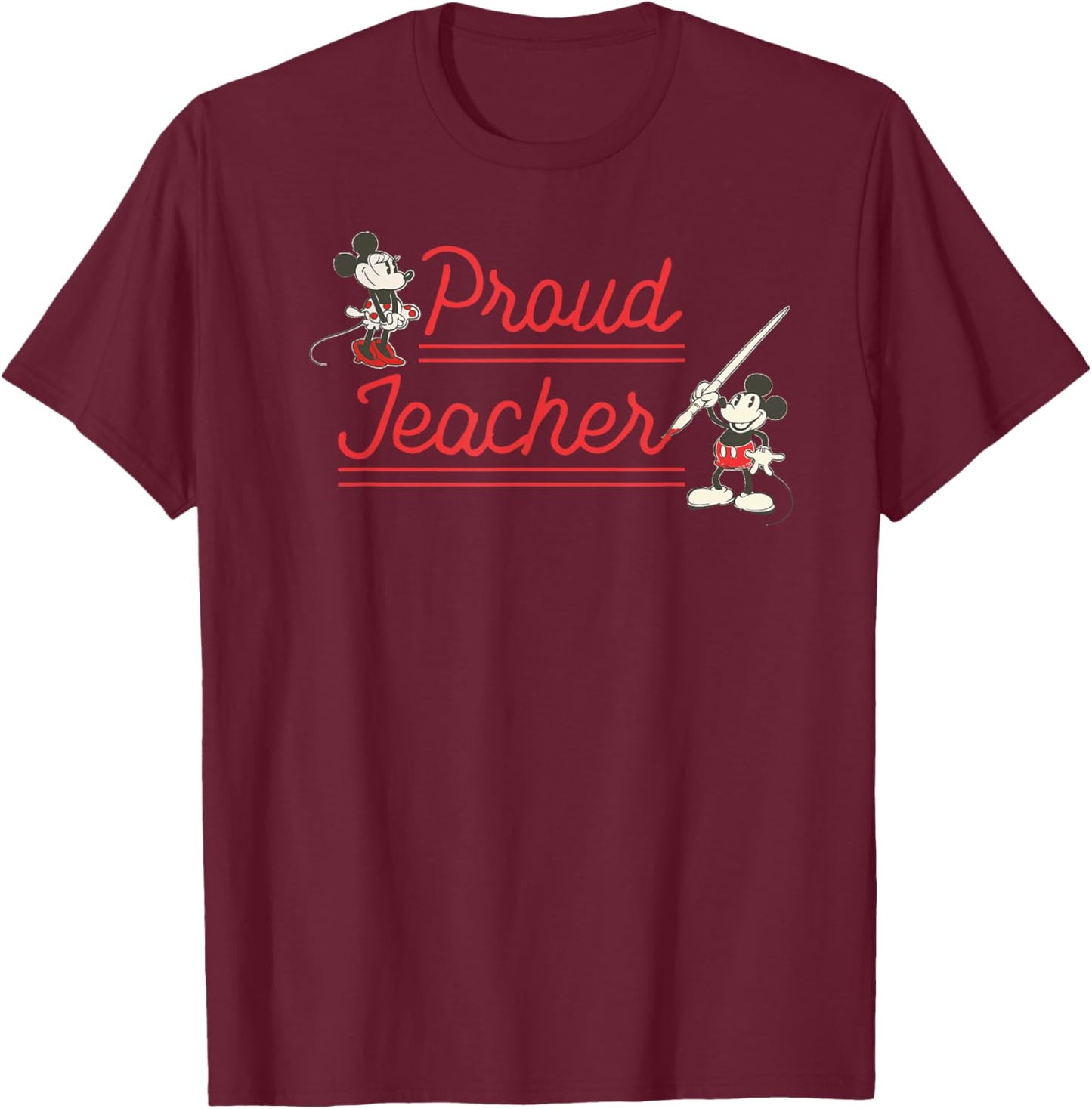 Disney Classic Mickey and Minnie Mouse Proud Teacher Retro T-Shirt - T-Shirt | Maroon