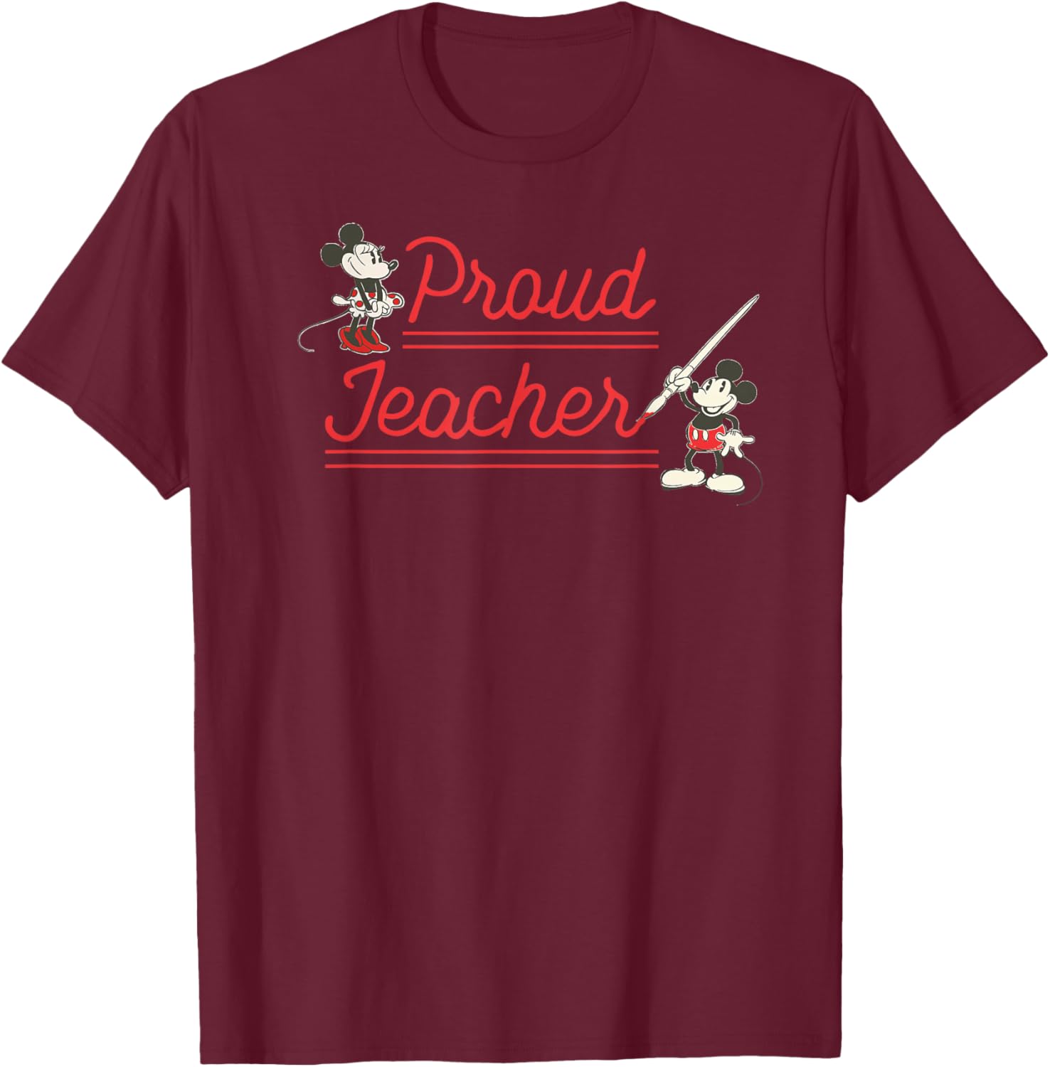 Disney Classic Mickey and Minnie Mouse Proud Teacher Retro T-Shirt - T-Shirt | Maroon