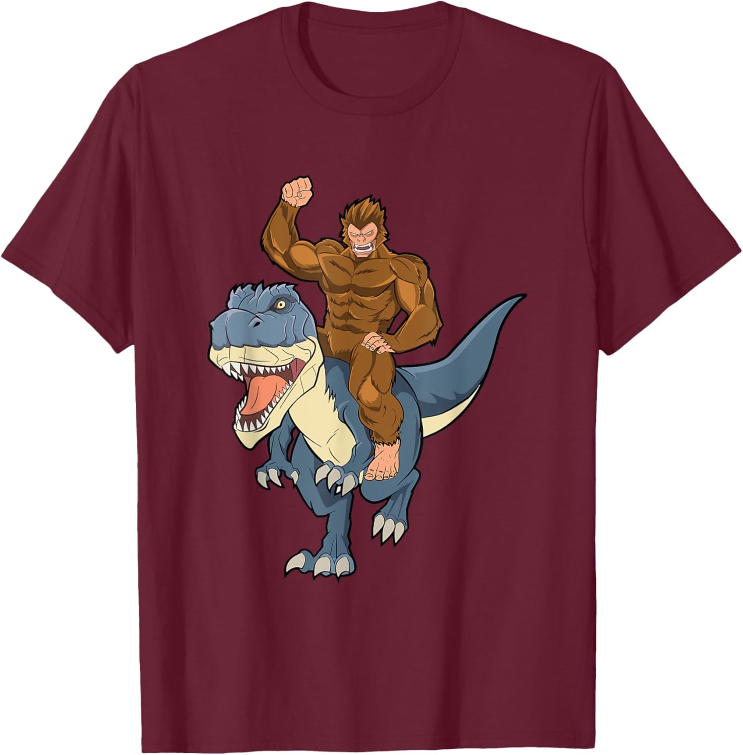 Bigfoot Sasquatch Riding Dinosaur T Rex For Boys Girls Kids T-Shirt - T-Shirt | Maroon
