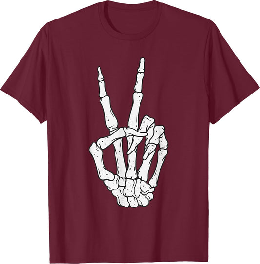 Funny Skeleton Hands Peace Sign Love Halloween Costume T-Shirt - T-Shirt | Maroon