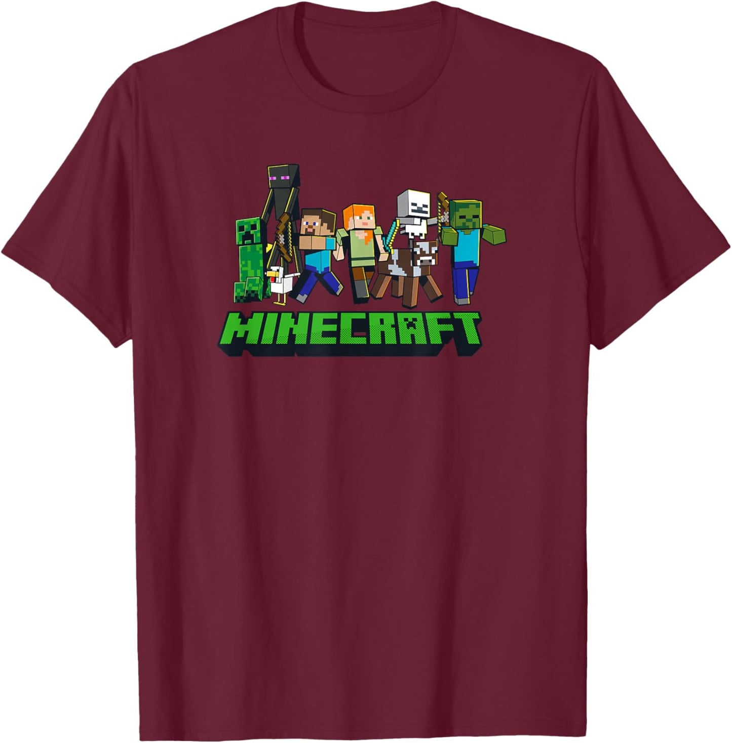 Minecraft -Adults Kids , Skeleton, Grey, Small, Short Sleeve, , Modern, Graphic Design, Lightweight T-Shirt - T-Shirt | Maroon