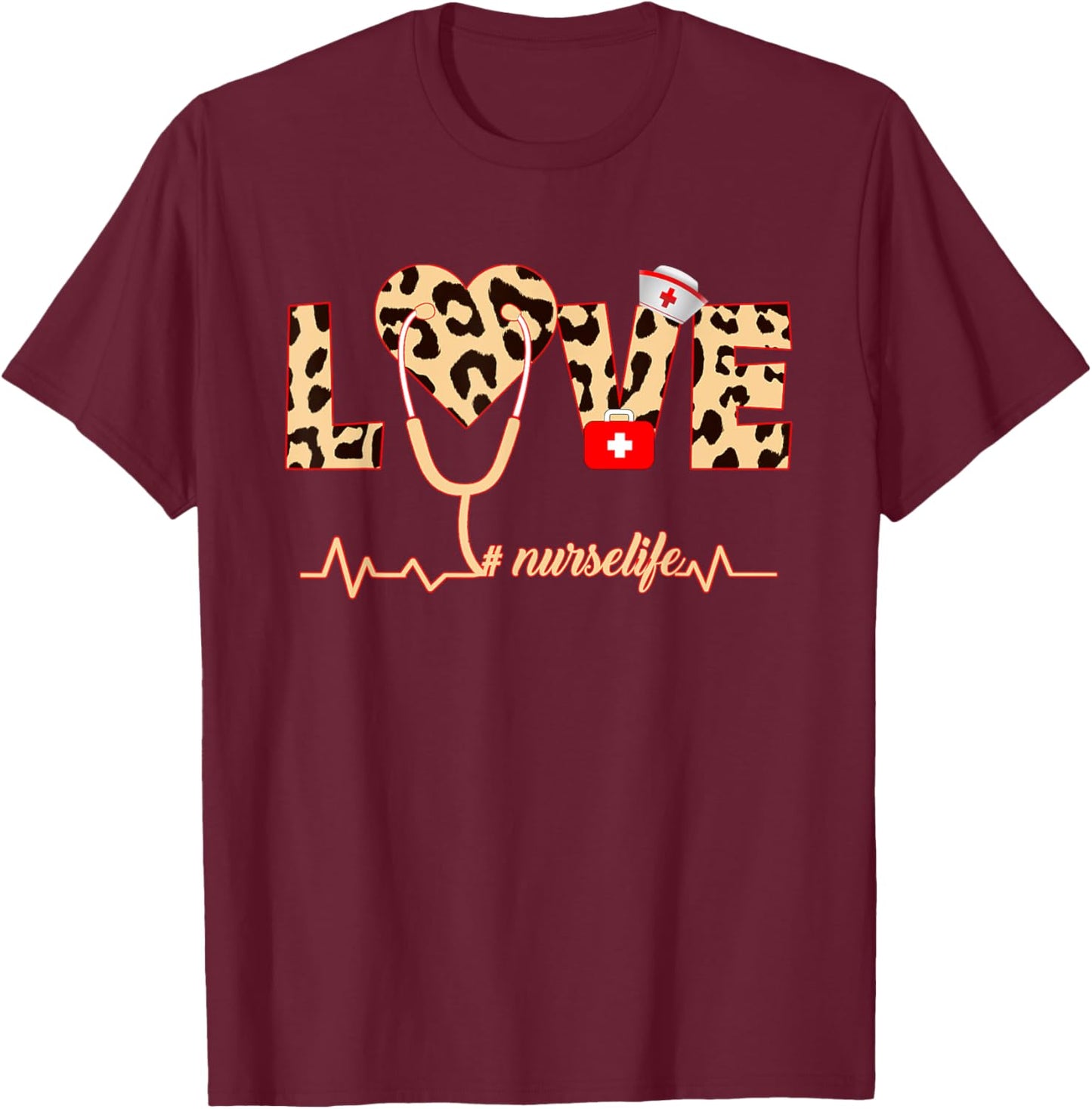 Nurse Life RN LPN CNA Healthcare Cheetah Heart Leopard T-Shirt - T-Shirt | Maroon