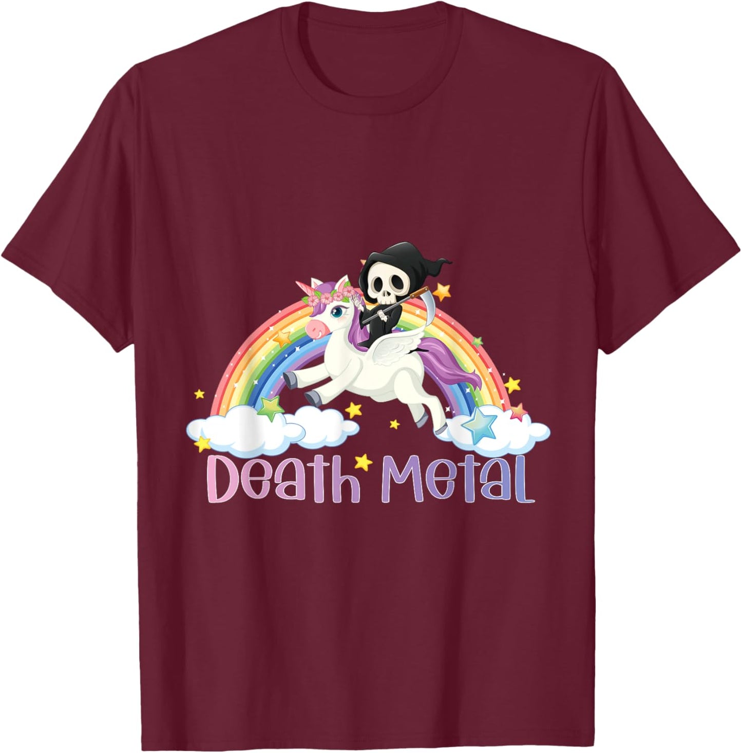 Grim Reaper Rainbow Colorful Stars Unicorn Death-Metal T-Shirt - T-Shirt | Maroon