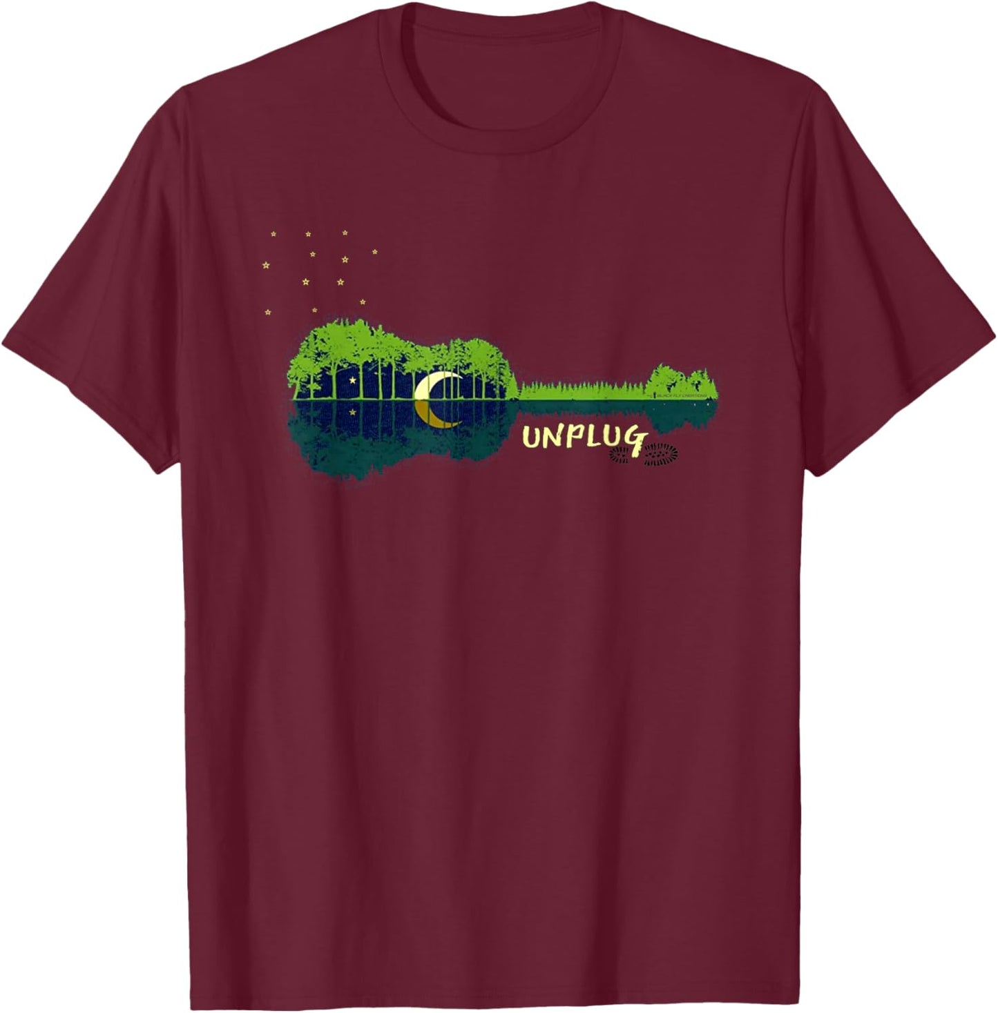 "Unplug" Acoustic Guitar Forest Outdpor Camping Apparel T-Shirt - T-Shirt | Maroon