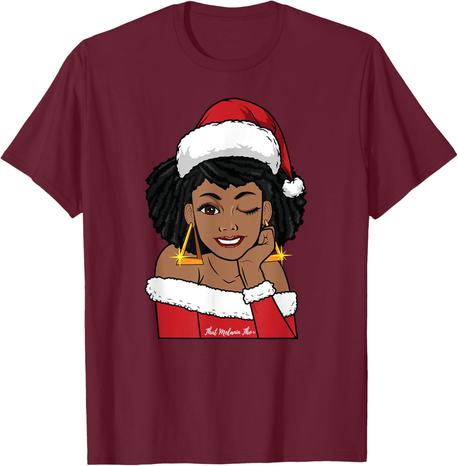 Black Mrs. Claus w/Afro Winking African American Christmas T-Shirt - T-Shirt | Maroon