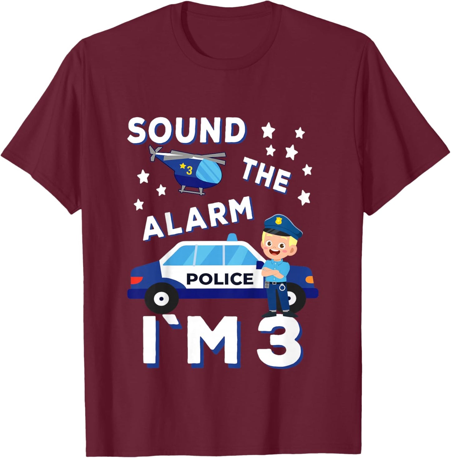 Birthday Police Fire Emergency Vehicles Kids Gifts Kids Police Car 3rd Birthday Party Boys T-Shirt - T-Shirt | Maroon