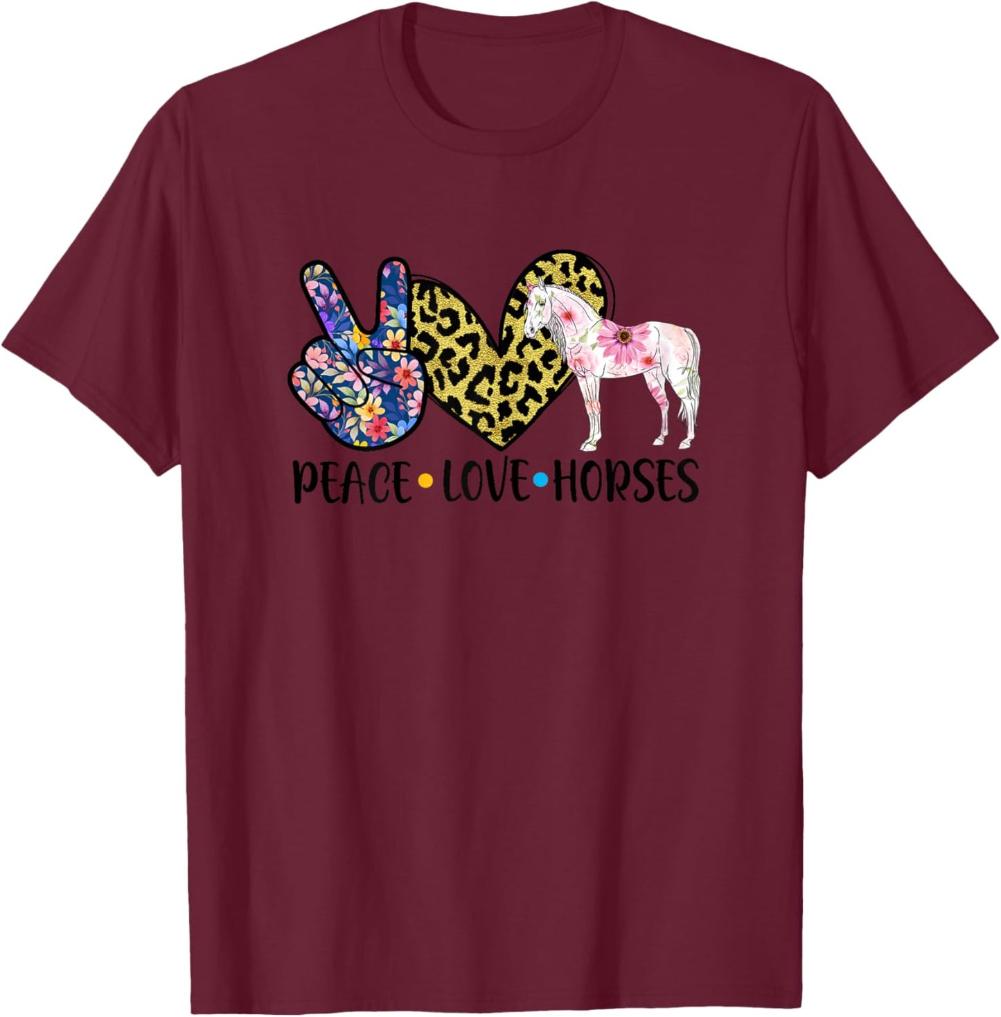 Peace Love Horses Cute Horse Lover Teen Girls T-Shirt - T-Shirt | Maroon