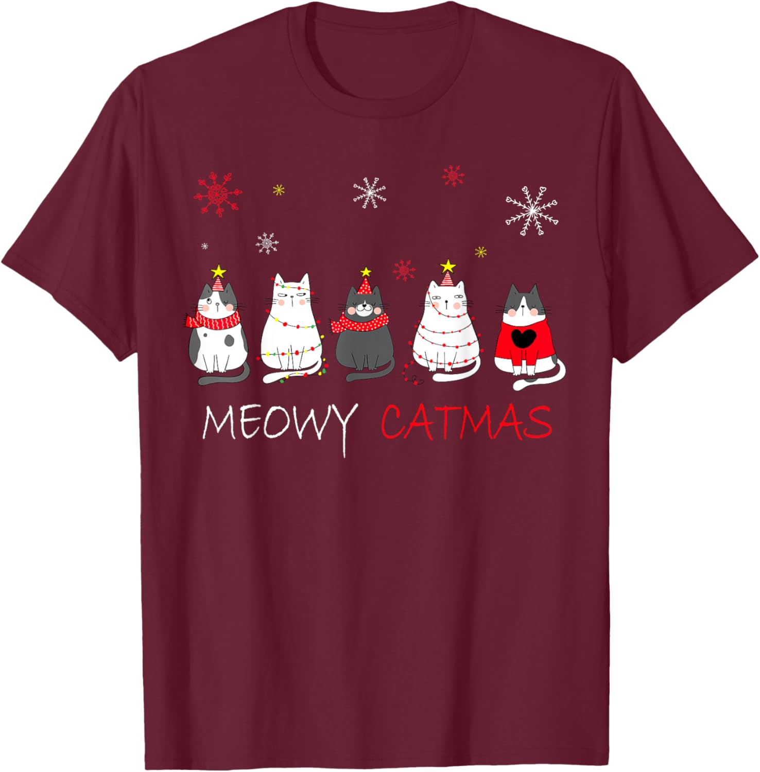 Meowy Catmas Christmas Funny Cats T-Shirt - T-Shirt | Maroon