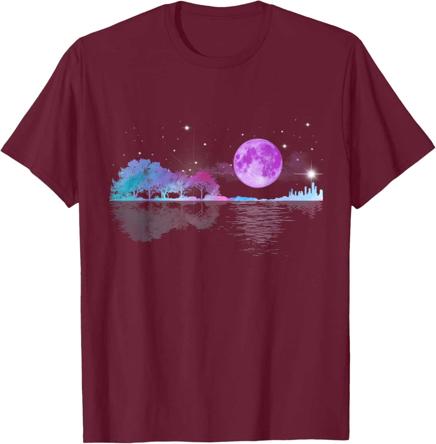 Acoustic Guitar Lake Shadow Nature Chrsitmas Xmas Guitarist T-Shirt - T-Shirt | Maroon