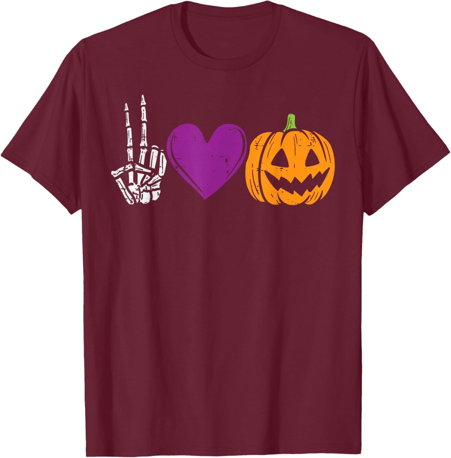 Skeleton Peace Heart Pumpkin Funny Halloween Men Women Kids T-Shirt - T-Shirt | Maroon