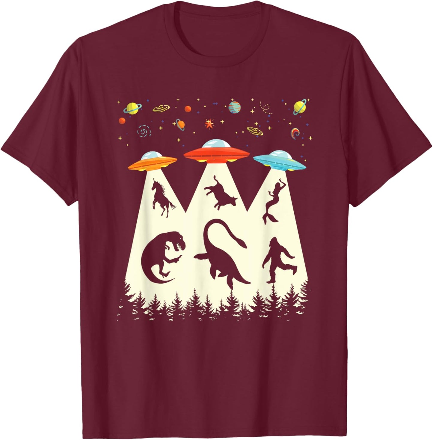Vintage Alien Abduction T-Rex Loch Ness Bigfoot Funny UFO T-Shirt - T-Shirt | Maroon