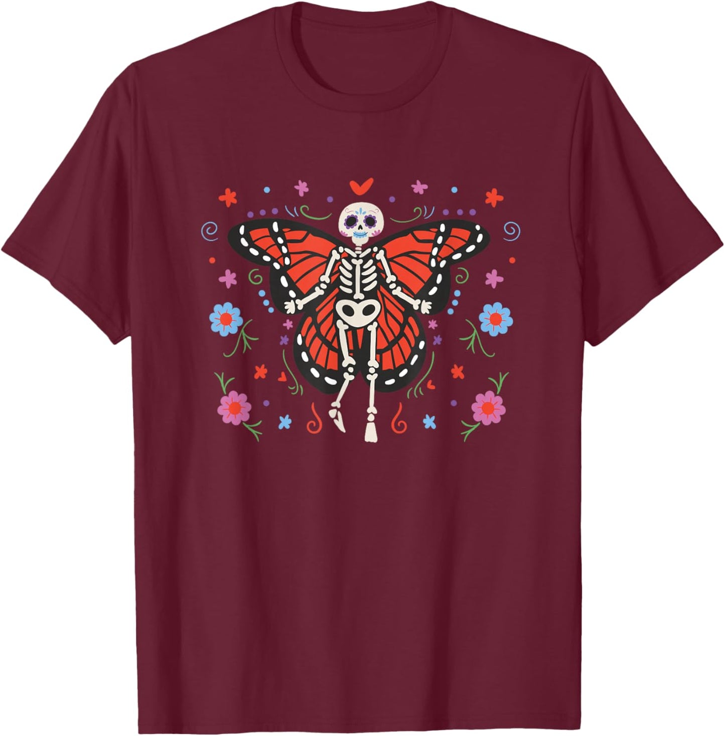 Day of the Dead Sugar Skull Skeleton Monarch Butterfly T-Shirt - T-Shirt | Maroon