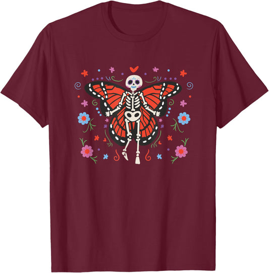 Day of the Dead Sugar Skull Skeleton Monarch Butterfly T-Shirt - T-Shirt | Maroon