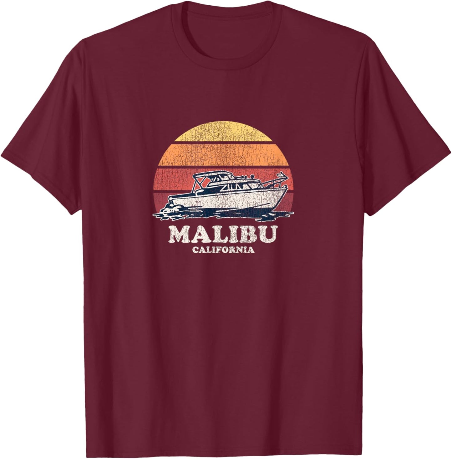 Malibu CA Vintage Boating 70s Retro Boat Design T-Shirt - T-Shirt | Maroon