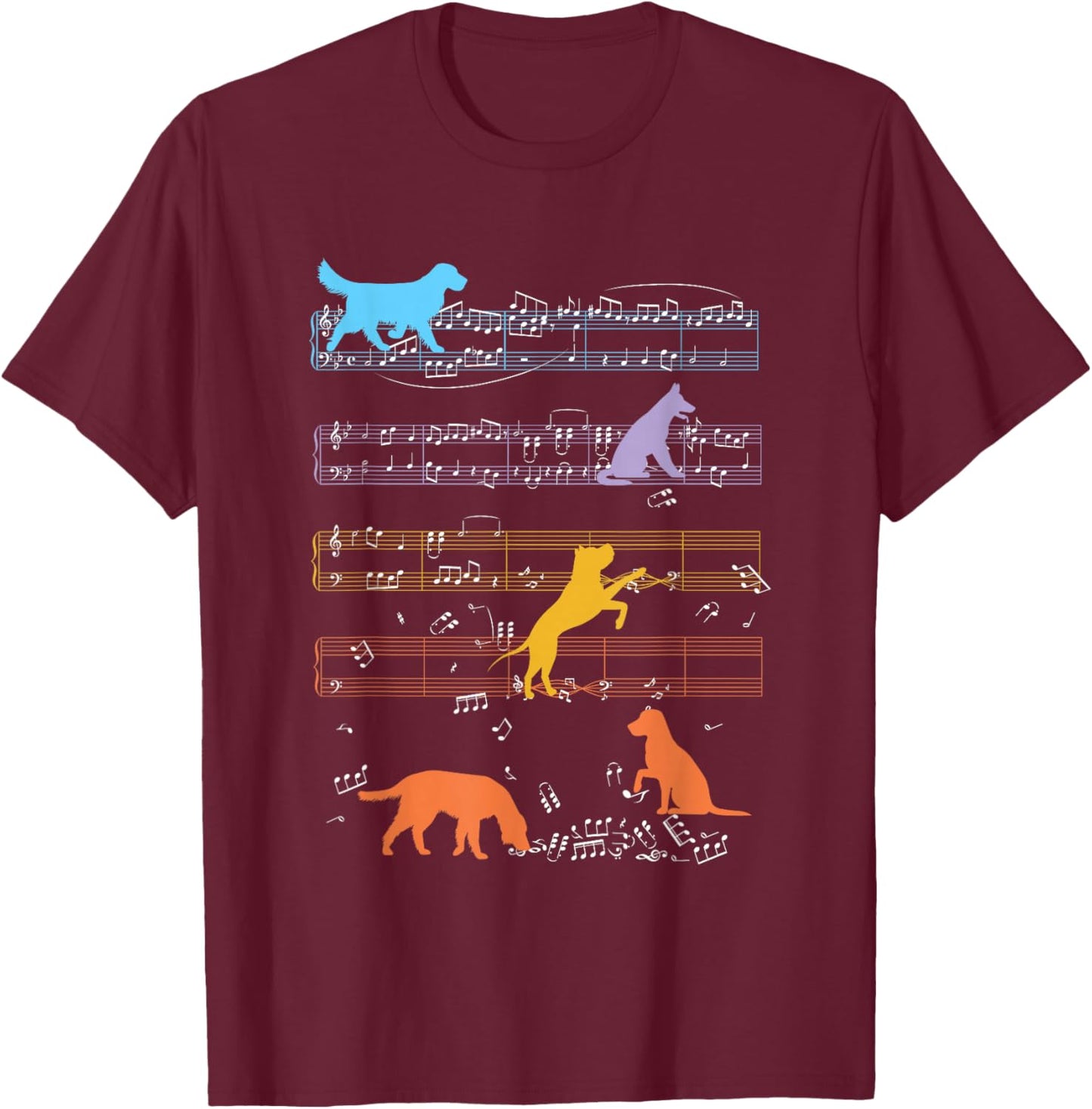 Dogs Playing With Sheet Music Notes - Music Teacher T-Shirt - T-Shirt | Maroon