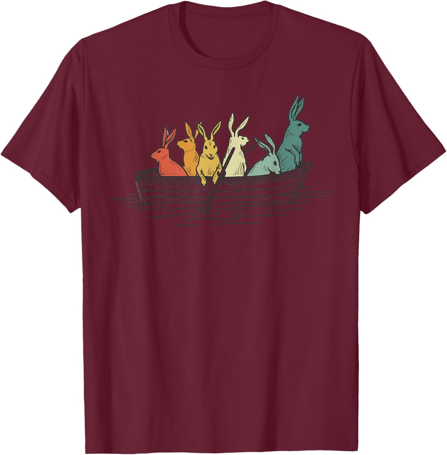 Pretty Rabbits in Retro Colors in a Boat - Bunny Rabbit T-Shirt - T-Shirt | Maroon