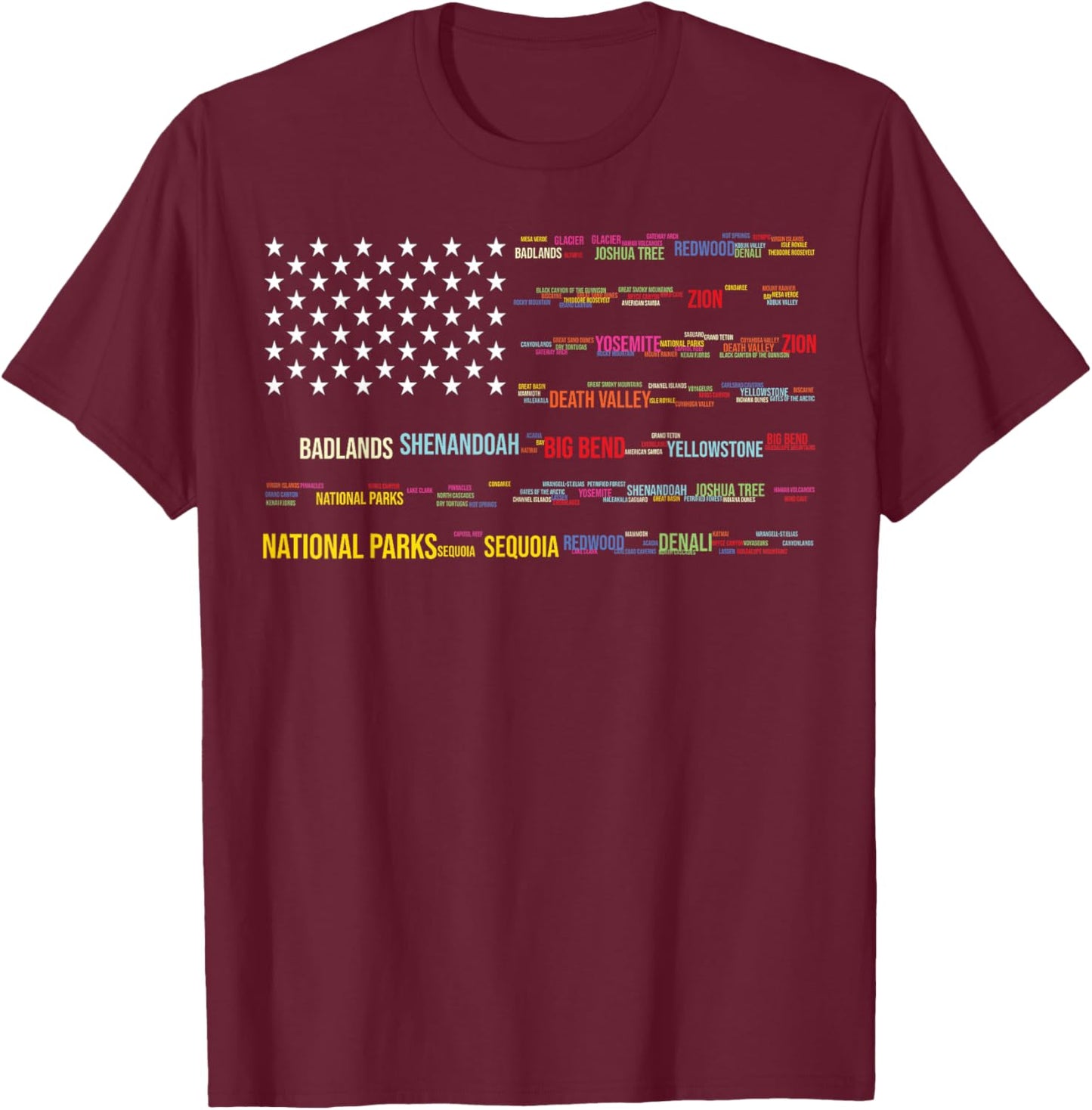 National Parks USA List Word Cloud US Flag Camping & Hiking T-Shirt - T-Shirt | Maroon