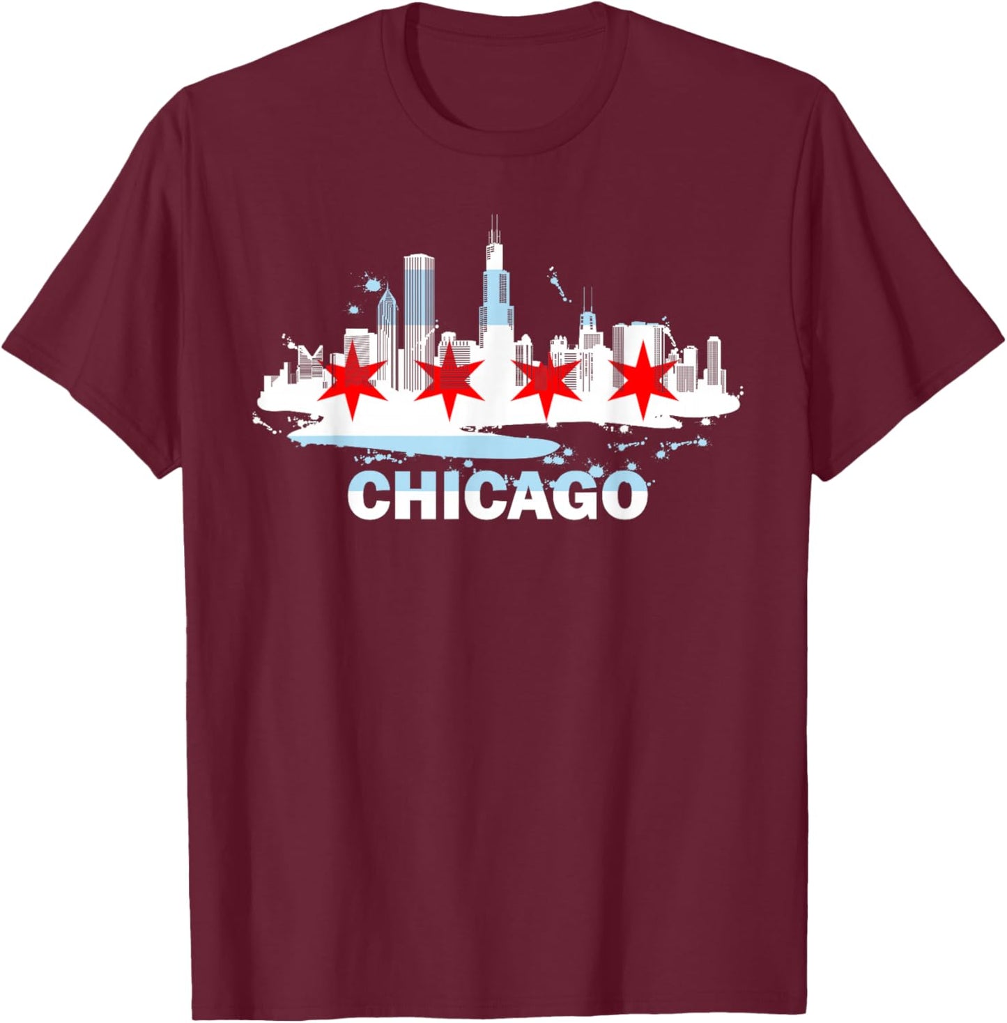 Chicago City Flag Downtown Skyline - Chicago Skyline T-Shirt - T-Shirt | Maroon
