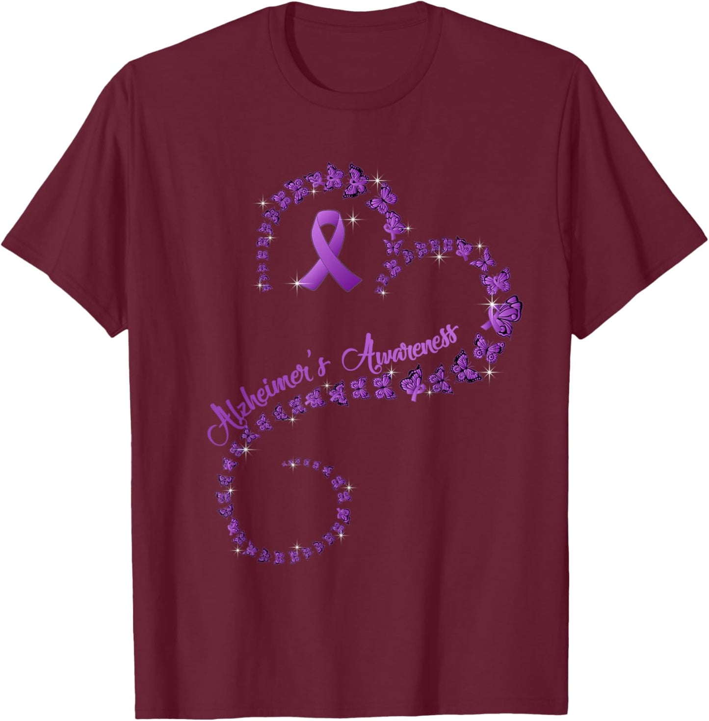 Purple Ribbon Butterfly Heart Alzheimer's awareness T-Shirt - T-Shirt | Maroon