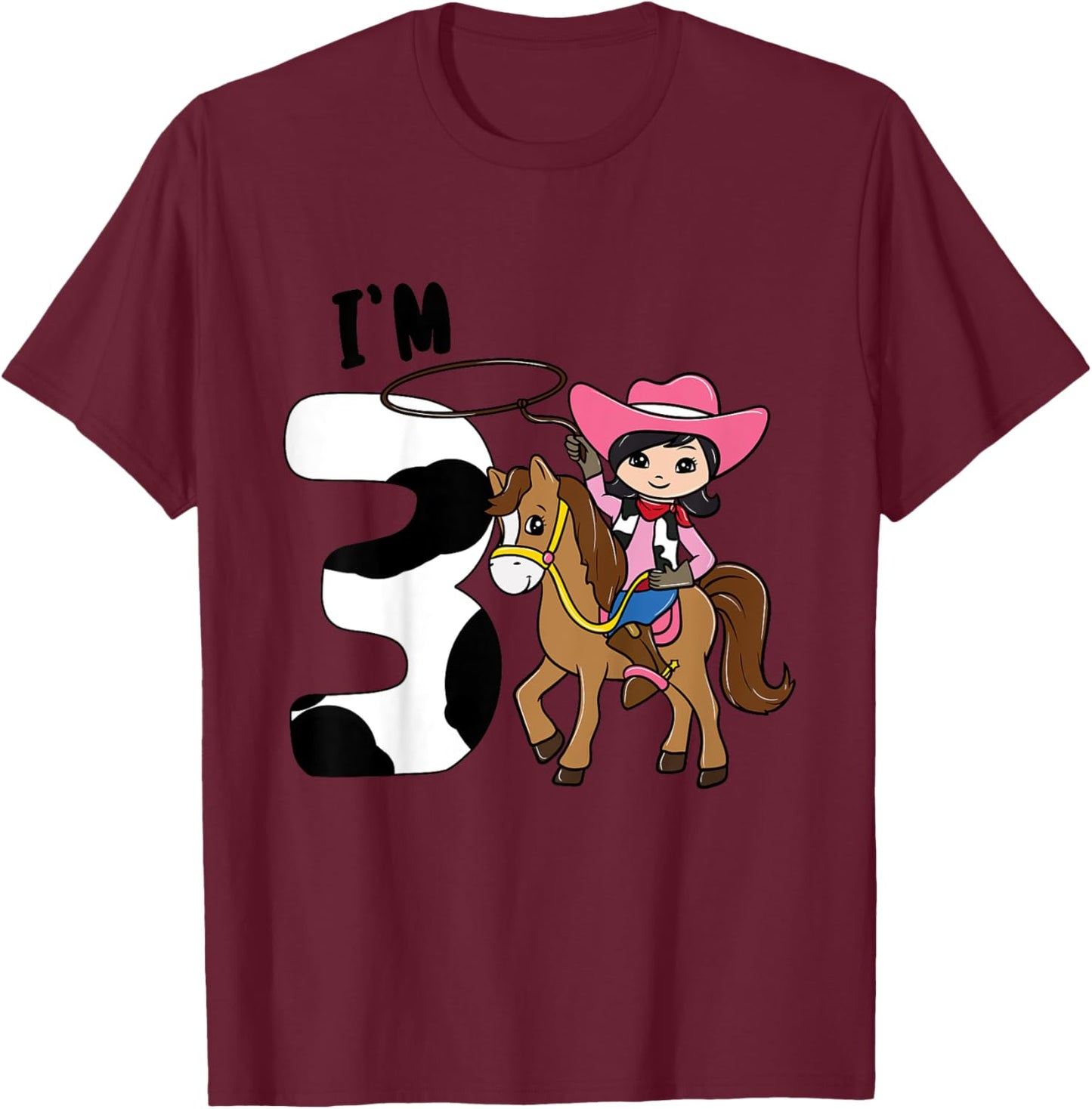 I'm 3 - Cute Horse Riding Cowgirl 3rd Birthday Girls T-Shirt - T-Shirt | Maroon