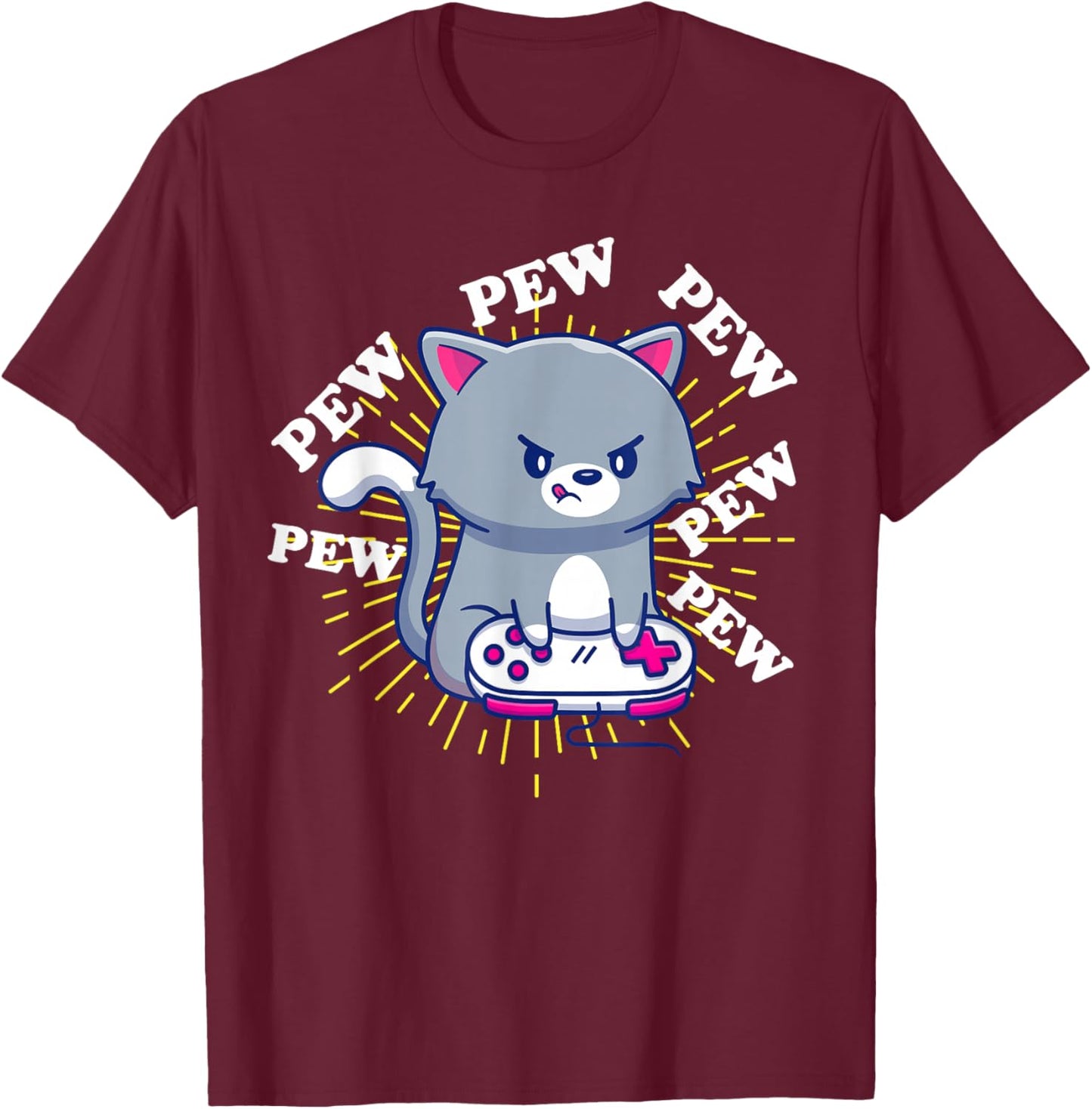 Pew Pew Cute Cat Gamer Headset Cat Gaming T-Shirt - T-Shirt | Maroon