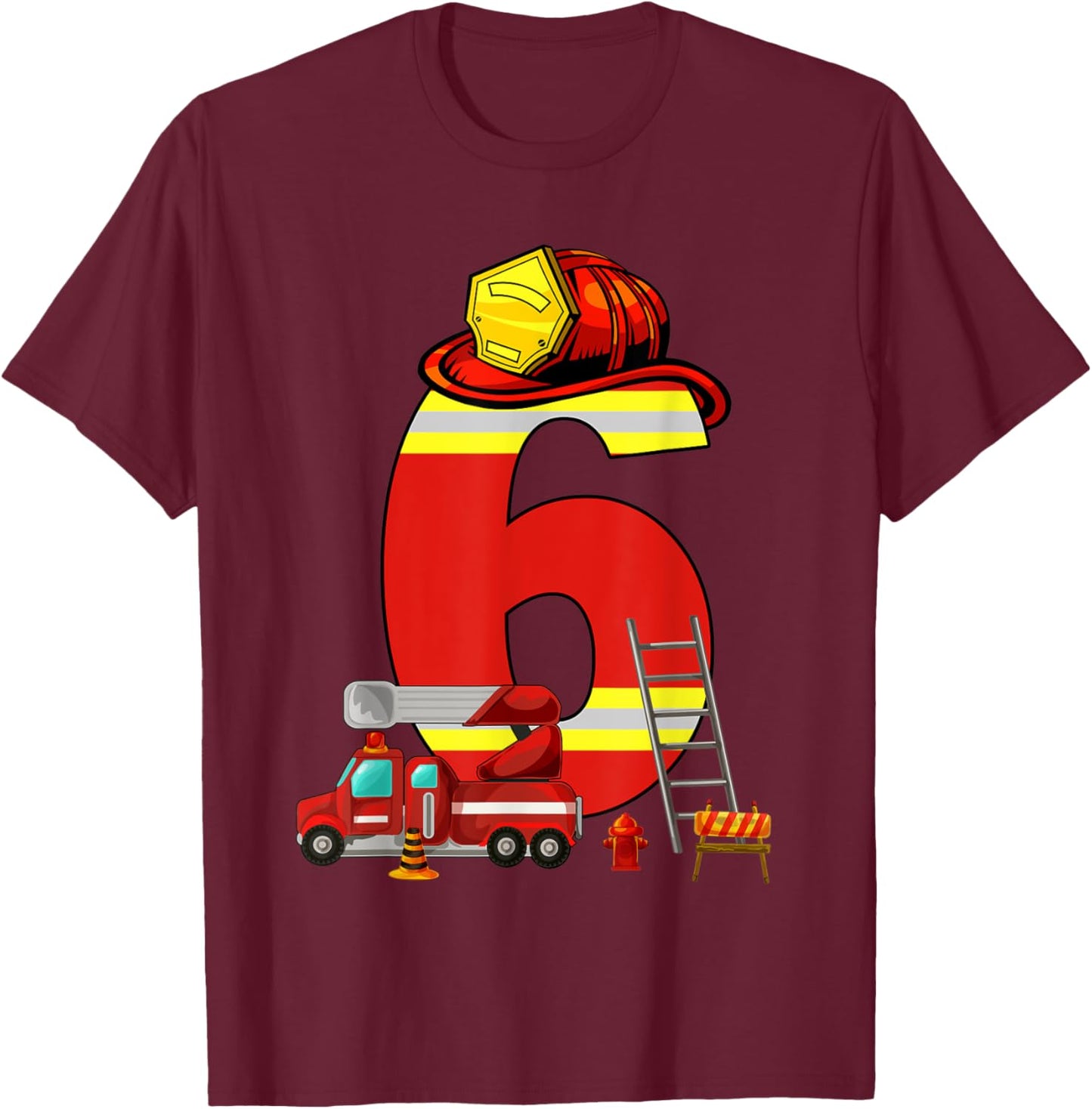 Fire Truck 6th Birthday Boy 6 Year Old Toddler Firefighter T-Shirt - T-Shirt | Maroon