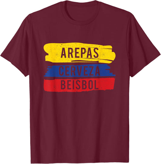 Arepas Cerveza Beisbol Funny Gift Venezuela baseball fan T-Shirt - T-Shirt | Maroon