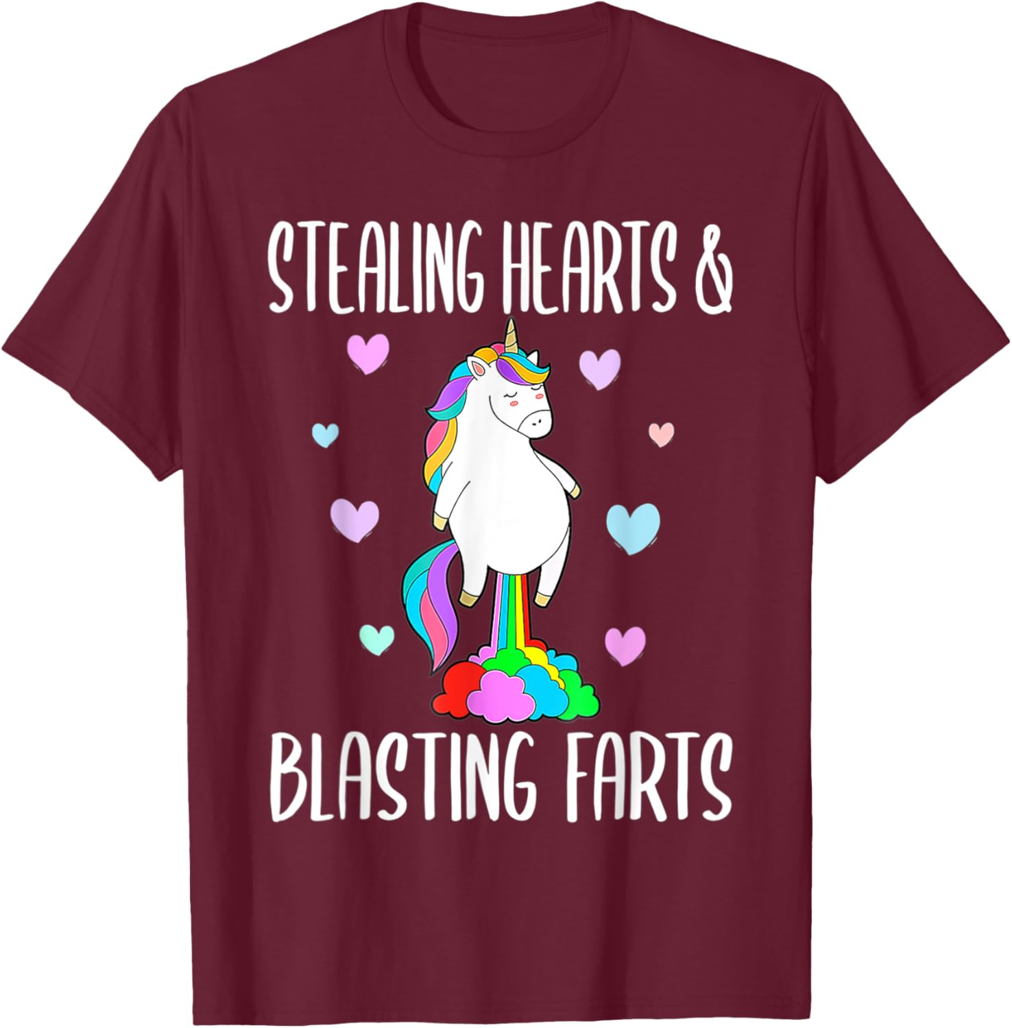 Stealing Hearts Blasting Farts Valentines Day Unicorn Funny T-Shirt - T-Shirt | Maroon