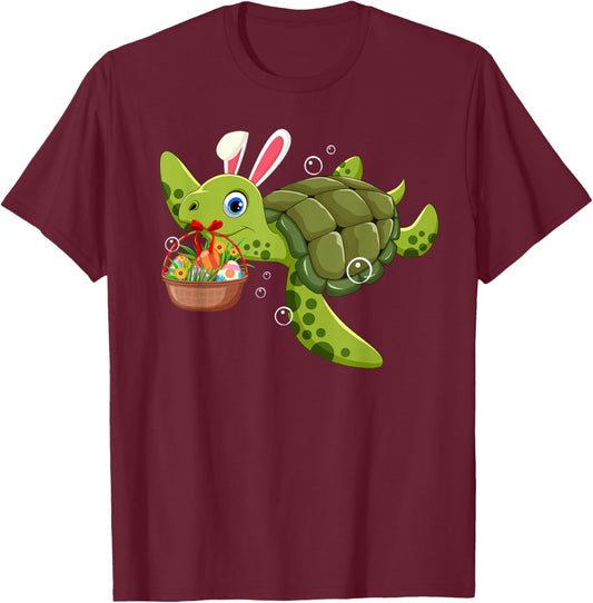 Cute Bunny Turtle Hold Easter Eggs Basket Happy Easter Day T-Shirt - T-Shirt | Maroon