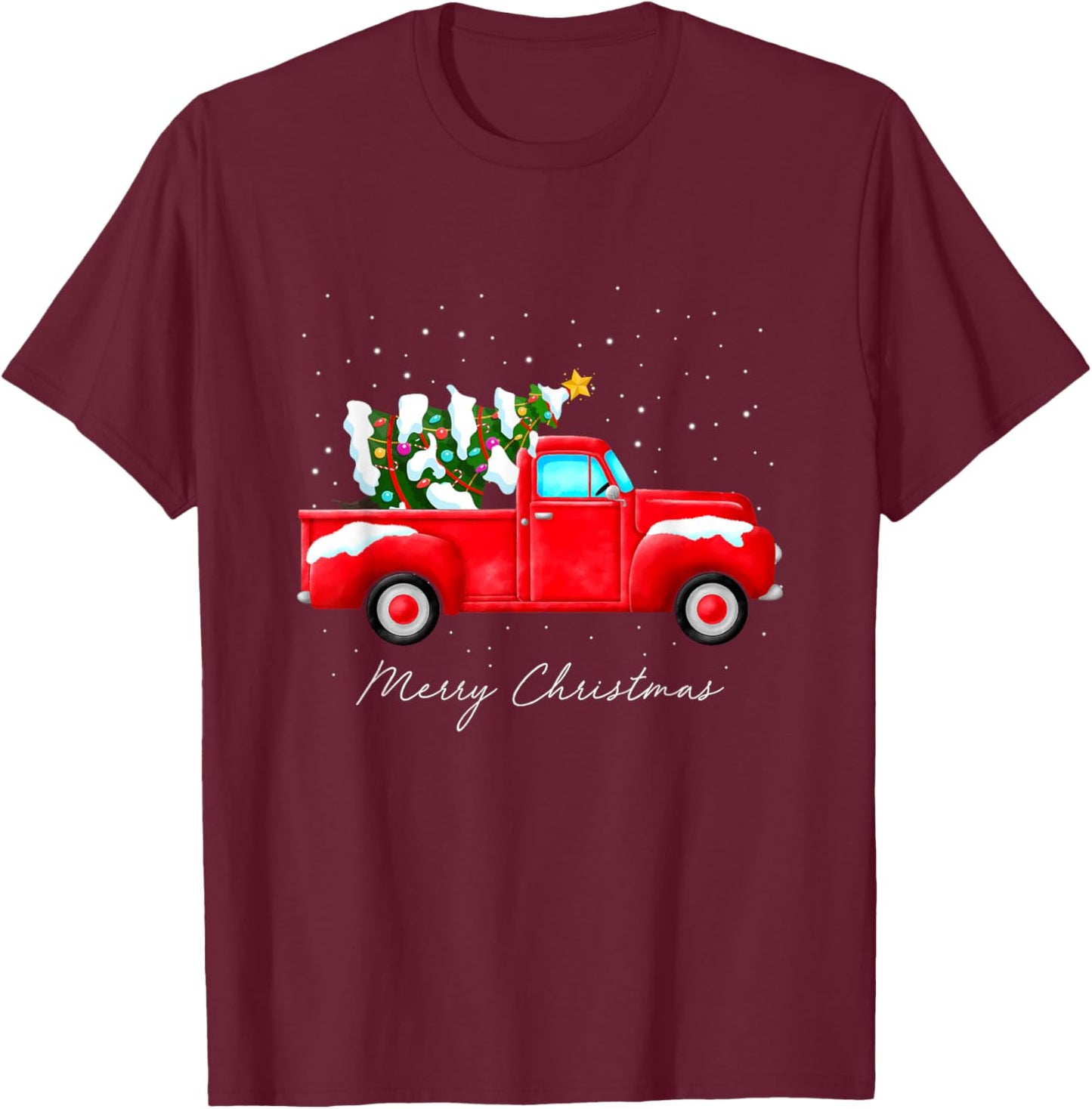 Red Truck Christmas Tree Lights Family Matching Vintage T-Shirt - T-Shirt | Maroon