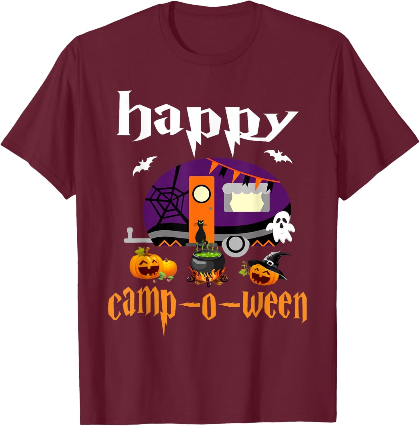 Happy Camp-O-Ween Halloween Camping Camper T-Shirt - T-Shirt | Maroon