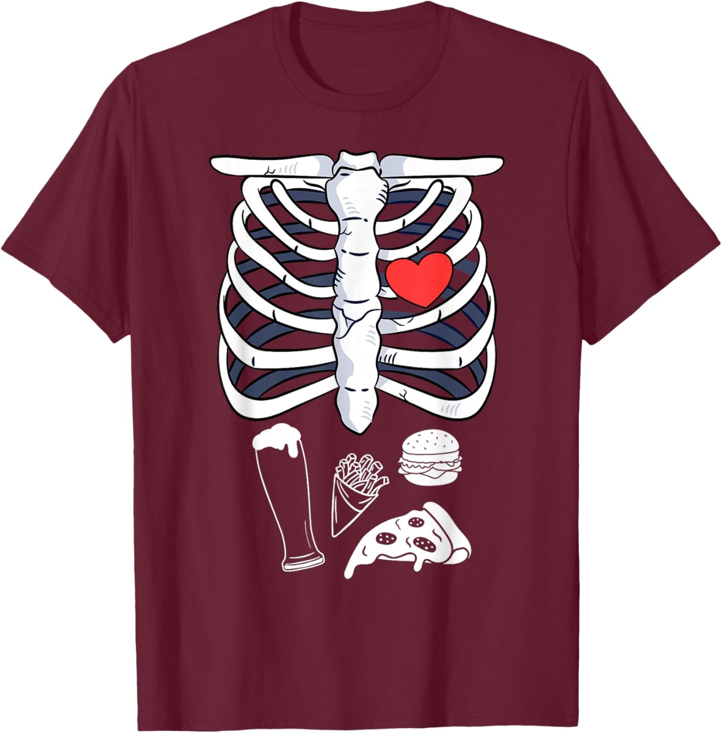 Skeleton Halloween Beer Pizza French Fries Burger Costume T-Shirt - T-Shirt | Maroon