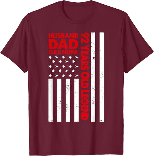 Husband Dad Grandpa 92 Years Old Legend Birthday Fathers Day T-Shirt - T-Shirt | Maroon