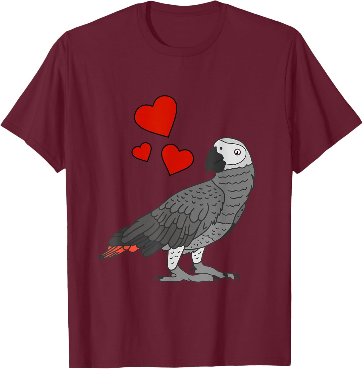Cute African Gray Parrot with Hearts T-Shirt - T-Shirt | Maroon