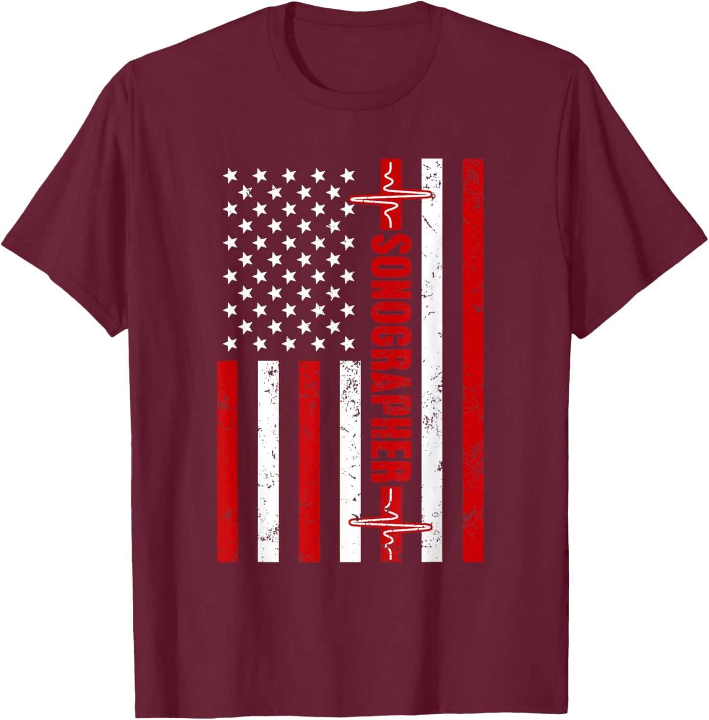 Patriotic Medical Sonographer American flag Heartbeat USA T-Shirt - T-Shirt | Maroon